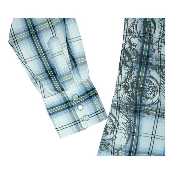 Blue Sol Shirt Mens Large Plaid Western Pearl Snap Rodeo Floral Skulls - Picture 5 of 6